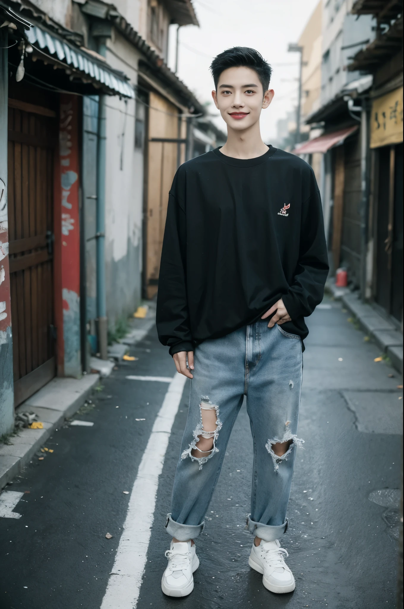 (((best quality))),(((ultra detailed))),(((masterpiece))),illustration, 1 boy, mischievous, tomboyish,buzz cut, black T-shirt, faded design, loose jeans, canvas shoes,standing, dirty, adventurous spirit, sharp eyes, no makeup, satisfied smile, dilapidated alleyway, peeling paint, littered ground, stray cat, dim streetlight, mysterious atmosphere, midnight exploration,from front,upper body