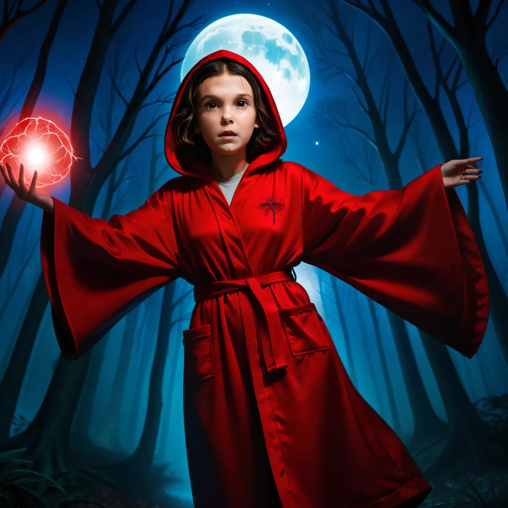 milli3 woman, millie bobby brown, 1 girl wearing red dark hooded silk robe, netflix, stranger things, eleven, in dark forest with full moon lit sky, levitating  branches in background, demogorgon behind trees in te distance, front view