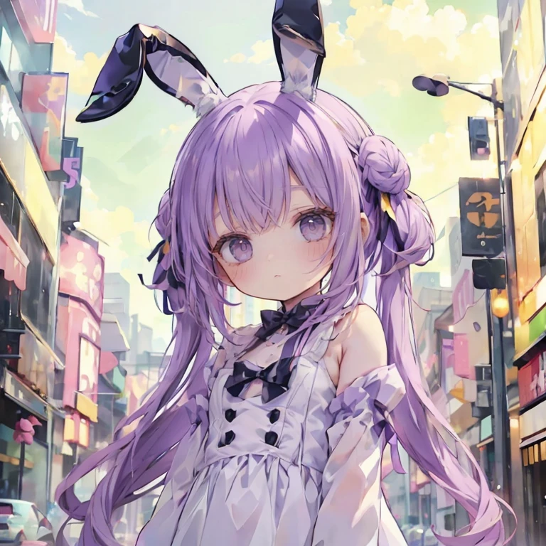 1 person、girl、cute、Small bunny girl、bunny ears、color palette(purple、white、)