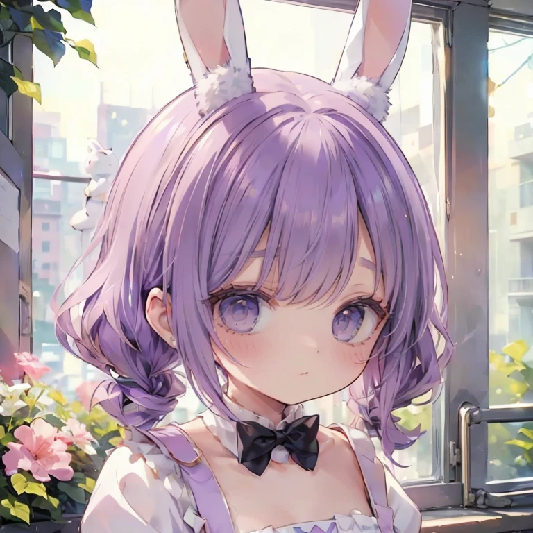 1 person、girl、cute、Small bunny girl、bunny ears、color palette(purple、white、)