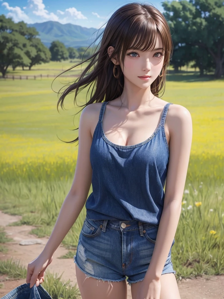 High resolution, 8k, Highest quality, detailed, Semi-realistic anime, Anime 3D Style, Smooth anime CG, One Girl, 20 year old Japanese woman, slim, Modeled, Shiny brown hair, detailedな顔, Beautiful and detailed, Glowing Skin, Hard Focus、Film Grain, Soft lighting, Looking at the audience, Laughter, (A woman wearing a simple tank top and denim shorts), A ranch with vast pastures、Sunny summer landscape