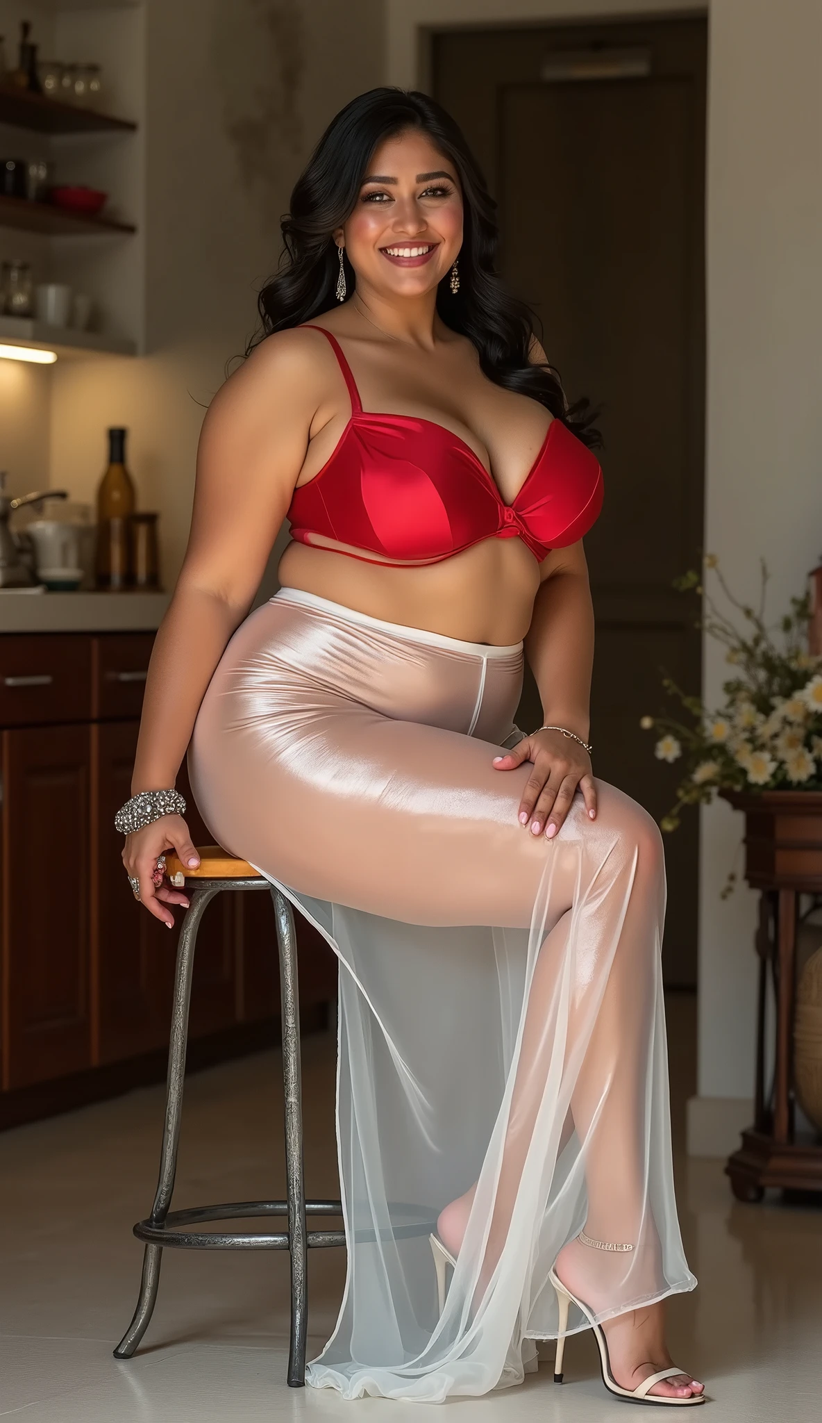 (Full body view in camera), (highres,photorealistic),(curly-haired,brown-eyed) woman with a fit, thick thighs, (voluptuous,curvy) figure, wearing a white (sheer) pyjamas. Hijab, Her (long,brown) hair cascades down her shoulders, sitting down bending forward, showing her buttocks. Her piercing brown eyes reveal a sense of confidence and allure. With a (seductive,provocative) gaze, she captivates the viewers, drawing them into her world. Her (plump,enticing) lips are colored in a luscious shade of red, adding a touch of sensuality to her appearance.
The woman poses doggystyle with a slightly (arched) back, accentuating her generous bosom, (hourglass-shaped) waist, and voluptuous hips. Her sheer pyjamas hug her curves perfectly, highlighting her (thick,toned) thighs. The vibrant colors of the pyjamas add a playful and energetic vibe to the scene. Full body view, high heels.
In the background, a soft (natural) light bathes the woman, illuminating her figure with a gentle glow. The light subtly enhances the contours of her buttocks, creating depth and dimension in the image. It casts shadow and highlights across her form, adding realism and texture to the scene.
The overall image exudes a sense of confidence, beauty, and sensuality. The emphasis on the woman's fit physique, enhanced by the vibrant pyjamas and the striking color palette, creates a captivating and visually engaging scene. The high-resolution rendering captures every detail, from the texture of her hair to the subtle expression in her eyes, resulting in a visually stunning and realistic depiction.