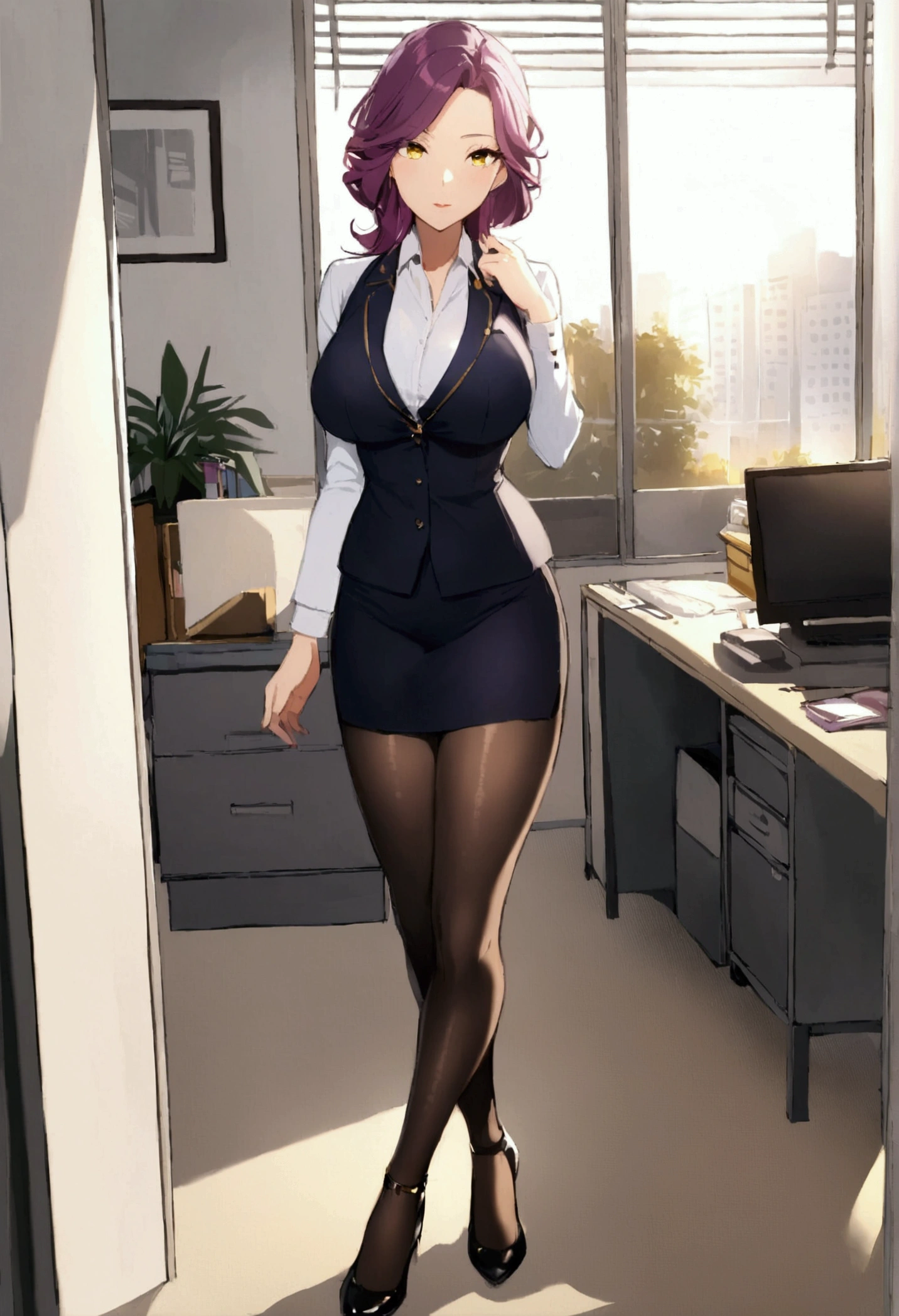 1 girl , milf , purpel hair , yellow eyesCrossed legs,Office,Pantyhose, rays of light, elegance face