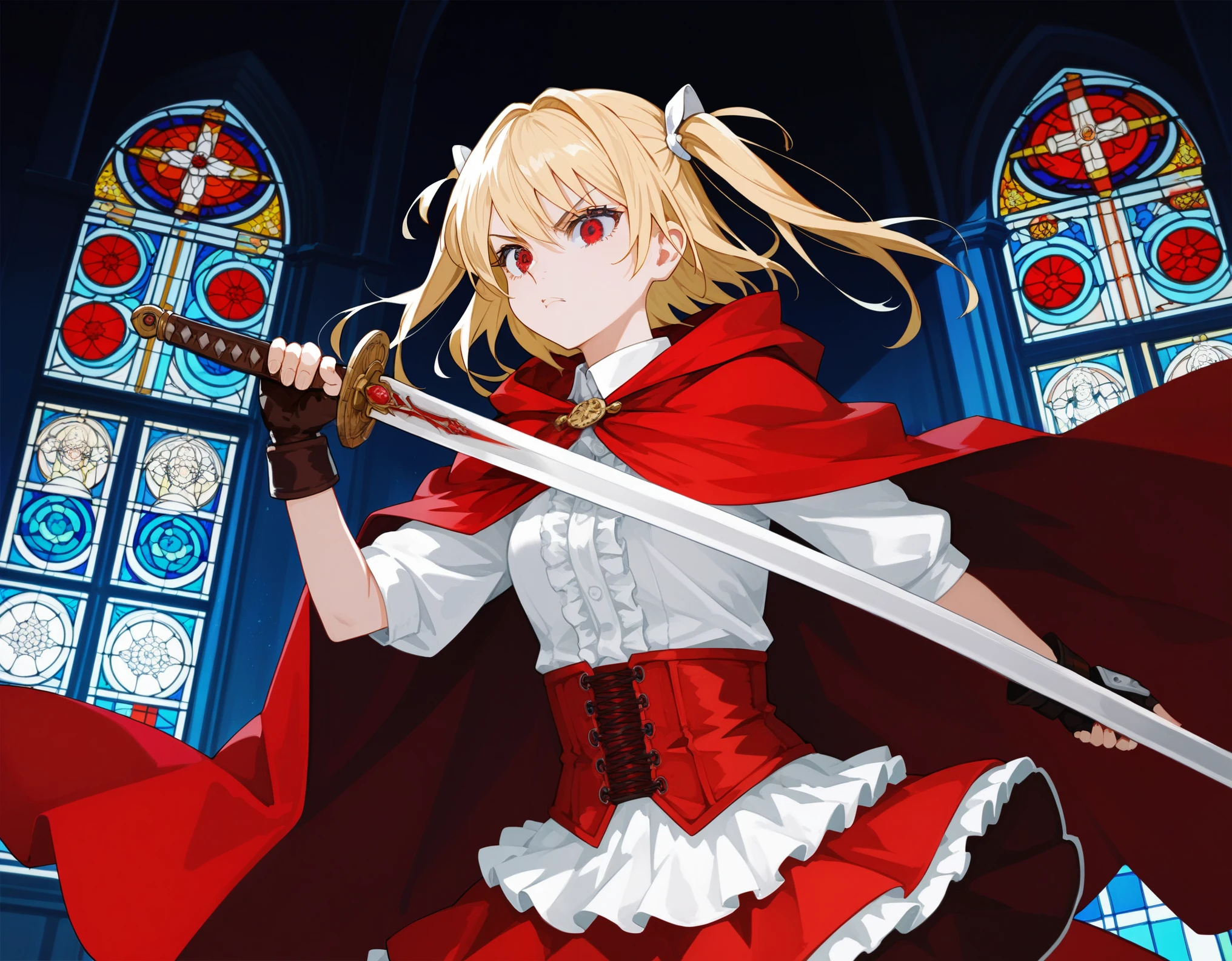 1girl, solo, serious, white shirts, red long cape cloak, red corset, frills red skirt, black fingerless gloves, blonde, two side up, red eye,
(weapon over shoulder, holding weapon), (Sword carried diagonally), 
Anime Girls, dutch angle, acrobatic pose, cowboy shot, combat stance, Gloomy painting style，
church, stained glass
Score_9,Score_8,score_7_up,source_anime, rating_questionable,