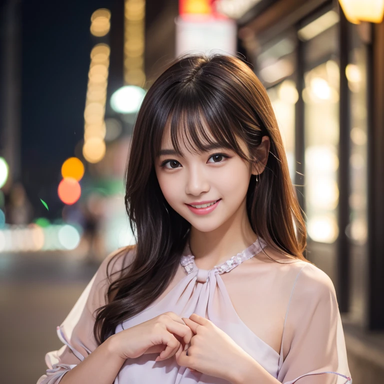Tabletop, Highest quality, shape, Very detailed, finely, High resolution, 8k wallpaper, 完璧なダイナミックな構shape, finelyて美しい目, one piece,Medium Hair,Natural color lip, smile,21 years old、cute、Looking into the camera、F Cup、Brown Hair、Blurred night New York background,Earrings,(Pinkal),Model pose,