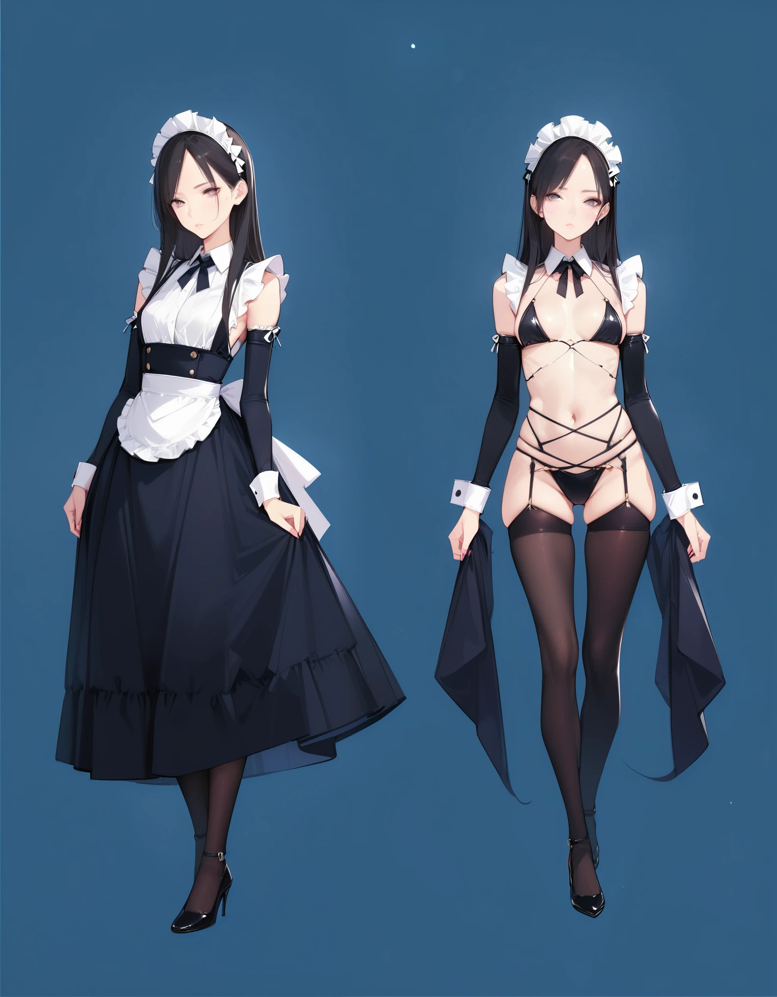 score_9,score_8_up,score_7_up,, hd5,ama mitsuki,uncensored,, 1girl,thin,skinny,slim,petite,long hair,elegance,full body, simple background, multiple views,skindentation, maid,Revealing clothing,mischief,The sides of the upper body are completely exposed,Exposed from armpits to chest,Protruding ribs,exposed flank