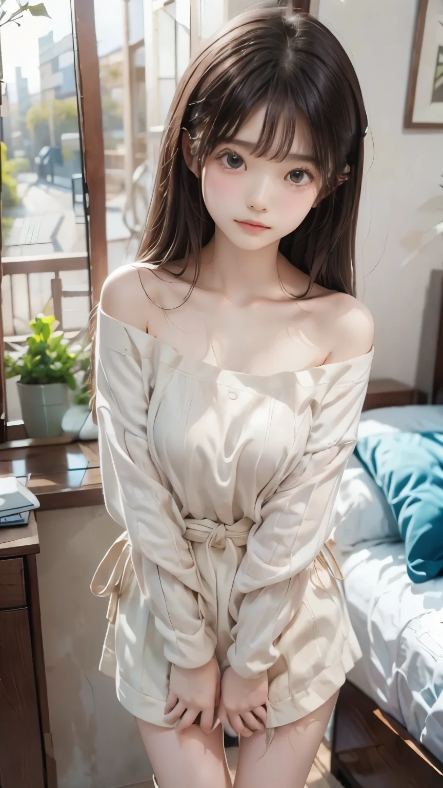 best qualtiy,tmasterpiece,超高分辨率,(Fidelity:1.4),RAW photogr,1girll,cropped shoulders,cinmatic lighting,By bangs,long whitr hair,Background living room bedroom,pyjamas,(full bodyesbian)