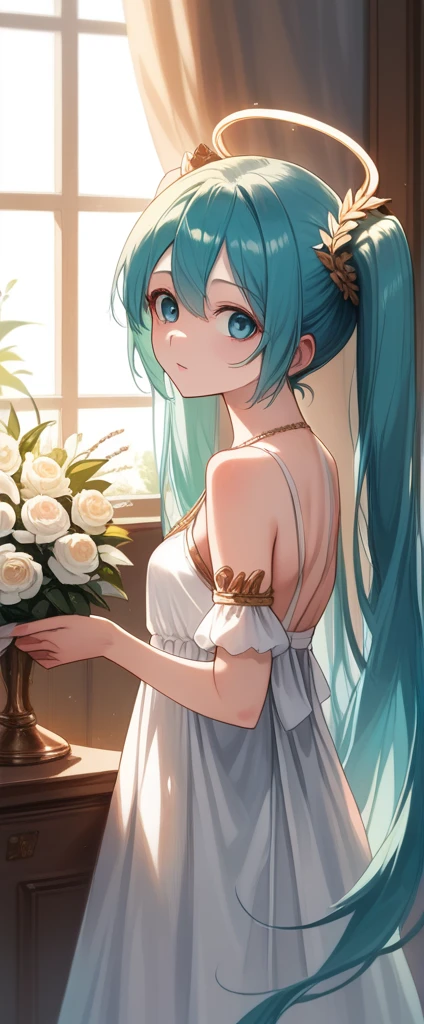 1girl, ,(((masterpiece))), (((best quality))), ((ultra-detailed)), (illustration), (detailed light), ((an extremely delicate and beautiful)), (beautiful detailed eyes), (sunlight), (angel), Hatsune Miku,