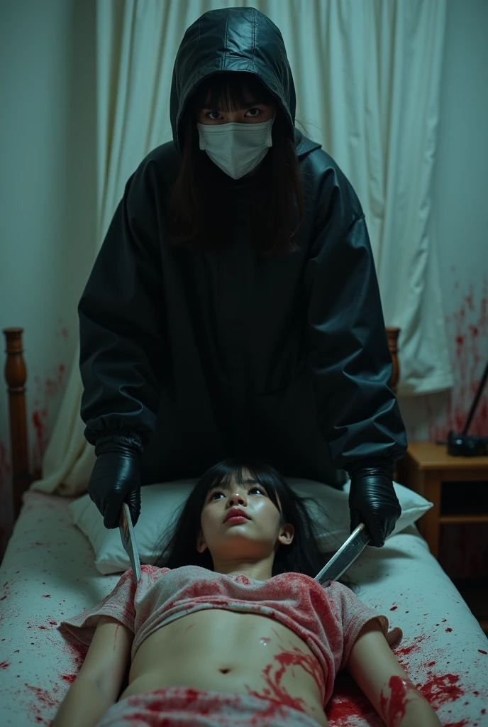 korean girl, (behind corpse, holding knife), balaclava, black gloves, room full of blood, black raincoat, hood up, holding knife, black gloves, woman on top, behind corpse, blood splatter, on the bed, mass murderer, killer, long bangs, blood splatter, dark atmosphere, cinematic lighting, atmospheric realistic, light from the window
