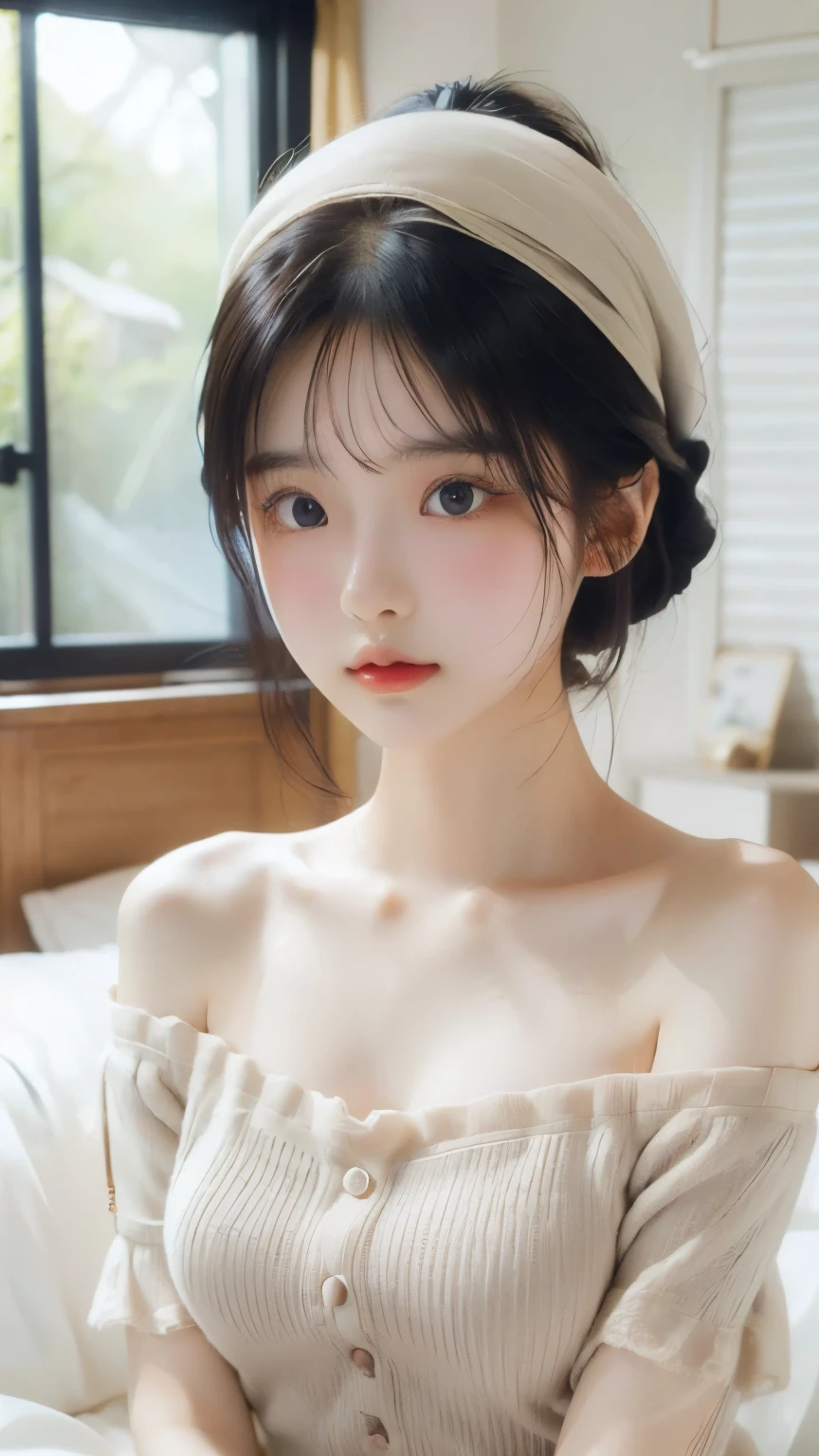 Ultra High Resolution, (Realistic: 1.4), RAW Photo, Best Quality, (Photorealistic), Focus, Soft Light, ((Age15)), ((Japanese)), (Front, Young Face))), (Depth of Field), (One Piece), Masterpiece, (Photoreal), Woman, Bangs, (( off-the-shoulder top, Bedroom, 1 Girl))