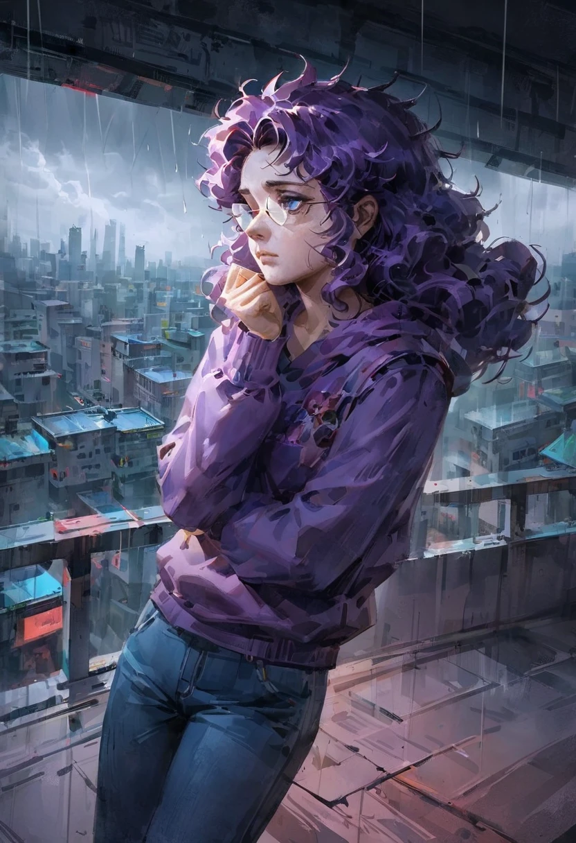 (8k, Movie, 16mm wide-angle lens, Aperture 8, Multi-angle shooting, Rich in details, bird's eye view), (dark clouds), (cyberpunk balcony), (outdoor), outdoor scene, (rainy weather), (realistic illustration), (cinematic), (35mm color lomography), 1girl, alone, young, androgynous, purple hair, purple long hair, (very messy hair), extremely messy hair, curly hair, wavy hair, spiked hair, temperamental hair, Blue eyes, yeux bleu clair, wearing square glasses, Square Glasses, purple hair, long hair, casual, purple hoodie, gilet à capuche de couleur violette, capuche violette, long purple sleeves, jeans trousers, jean trousers, Jaded, annoyed, neutral expression, tired expression, half opened eyes, sleepy, pitiful expression, brutalism architecture, very low saturation, cloudy day, black clouds, bad weather, balcony scene, on veranda overlooking on the city, Terrace at daytime, city in the background, oil painted background, green touches of color, fog, looking at the city, looking at the distance, looking at the sky, facing the city, 3/4 view, Pensive, thinking, wiki, Works by Carne Griffiths and Wadim Kashin, work by Roger Haus, work by Xhxix, Work by Toshiya, work by nyaonoekaki, ferry nopanamaman artstyle, vanripper artstyle, TRcoot style