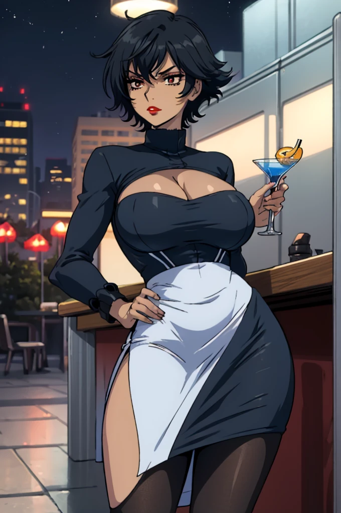 closed mouth, (20 years old), ((1girl)), ((((solo))), (((alone))), (((genderbend))), (((female))), wide hips, thick thighs, huge breast, narrow waist, ((blue top)), ((short sexy skin tight blue cocktail dress)), big cleavage, cocktail, party, ((anime artstyle)), long eyelashes, ((long black hair)), (((at night))), (red lipstick), (black eyeshadow), (in the dark)