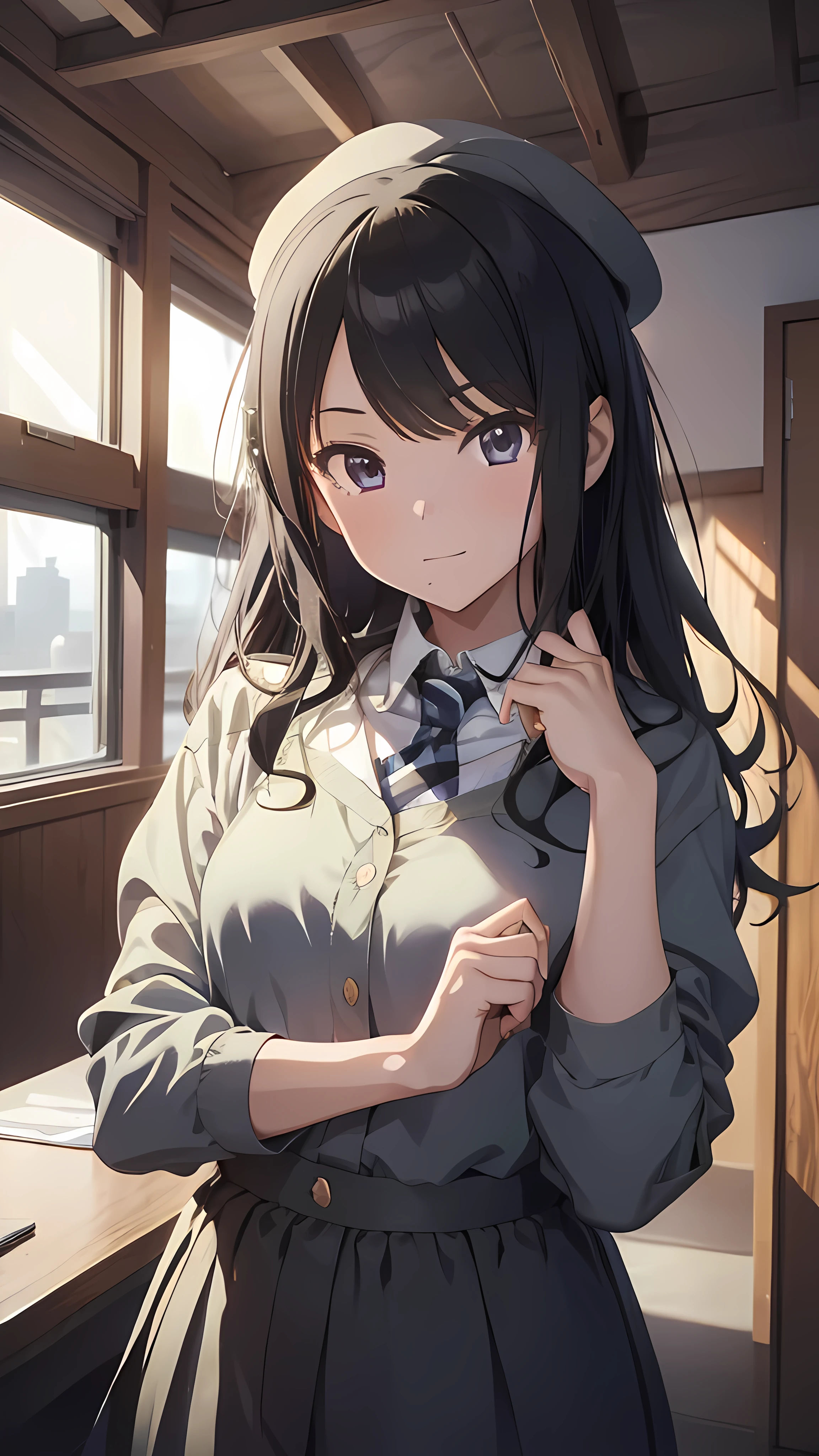 1 girl,hiori, idolmaster, serious, detective_outfit, detective_hat, indoor, dark, digital art, anime style, devianart, ((masterpiece; best quality; HDR; ultra detailed)), vintage 