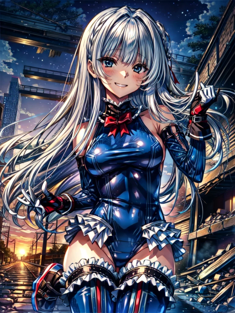 Perfect Anatomy, Highest quality, marirose,Wicked Smile,Provocative attitude
,(Girls greet dawn on a pile of rubble:1.1),Wicked Smile,Anime Style,(Frilled swimsuit, Knee socks, Removed sleeve), (Anime Style:1.4) ,
Silver Hair,(White fingers:1.1,Black gloves),Very long hair,Evil Aura,(masterpiece, best quality:1.3), (absurdres absolutely resolution), (8k), (detailed beautiful face and eyes), (detailed illustration), (super fine illustration), __PROMPT__ ,