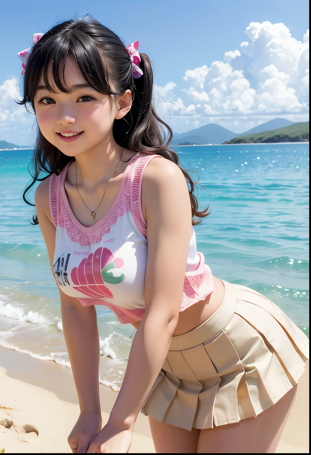 (Highest quality,masterpiece:1.3,Ultra-high resolution),(Very detailed、Caustics) (Realistic:1.4, RAW shooting、)Ultra-Realistic Capture、Very detailed、Natural skin texture、masterpiece、(A Japanese  wearing an alphabet-patterned sleeveless t-shirt and pleated skirt:1.3)、Adorable expression、Expressions of happiness、、height: 140cm、Baby Face、Pure girl、Amute、Twin ttyle、Curly Hair、ribbon、Black Hair、Large Breasts、Shining thighs、Shining ass、necklace、Photo taken on the beach in Miyakojima、Background details、smile、An inviting gaze、(Anatomically correct)、Cowboy Shot、Attention to detail、