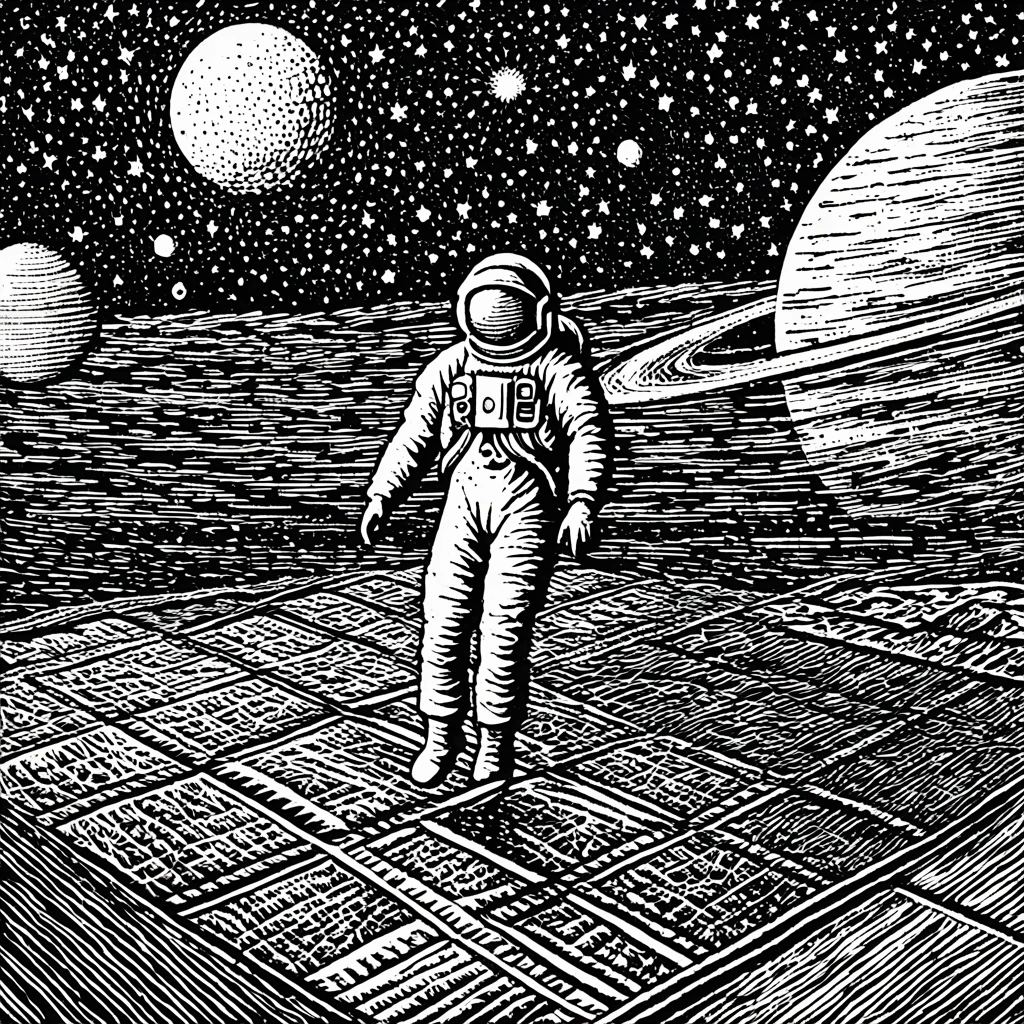 (Black and white woodcut:1.5)、(Second floor in black and white.)、foreground, dark and ominous atmosphere、astronaut in the Vitruvian Man pose wearing a radiation suit, in space with planets and stars around.