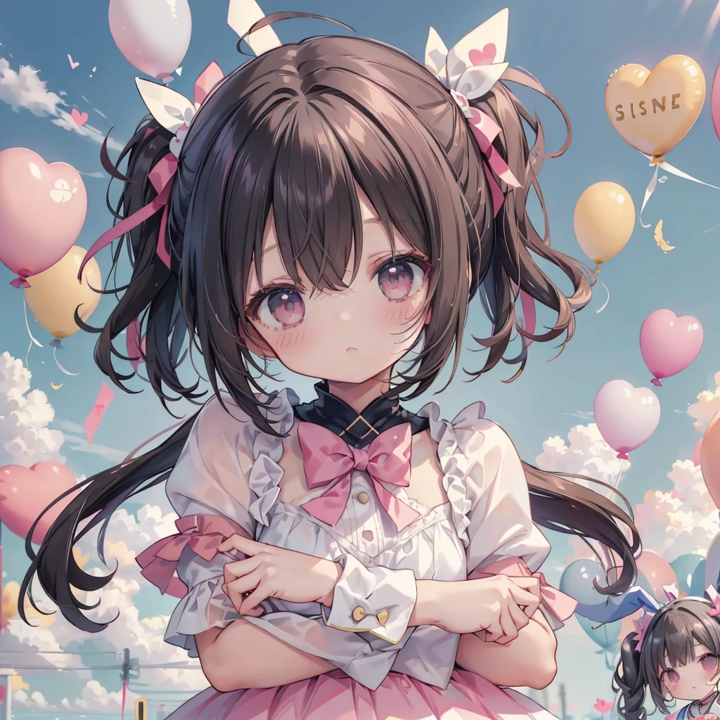 1 person、The best composition、💛、🎀、girl、cute、小さなウサギのgirl、Bunny ears、Color Palette(Magenta、white、)、The background is a heart-shaped balloon and blue sky、