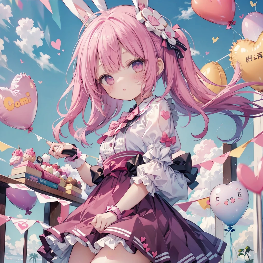 1 person、The best composition、💛、🎀、girl、cute、小さなウサギのgirl、Bunny ears、Color Palette(Magenta、white、)、The background is a heart-shaped balloon and blue sky、