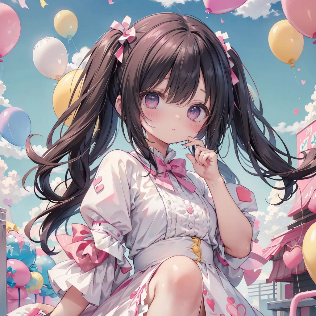 1 person、The best composition、💛、🎀、girl、cute、小さなウサギのgirl、Bunny ears、Color Palette(Magenta、white、)、The background is a heart-shaped balloon and blue sky、Clean detailed eyes、