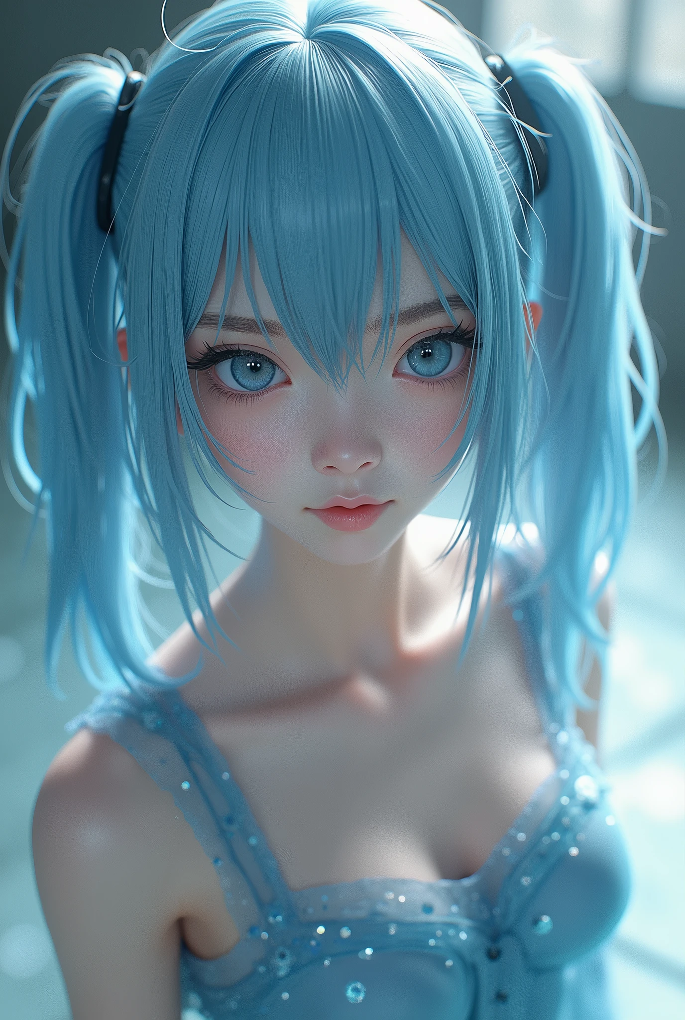 Naked Big Tits Japanese with Blue Hair、Blue eyes、I have stupid hair.、The face is small and slightly round.