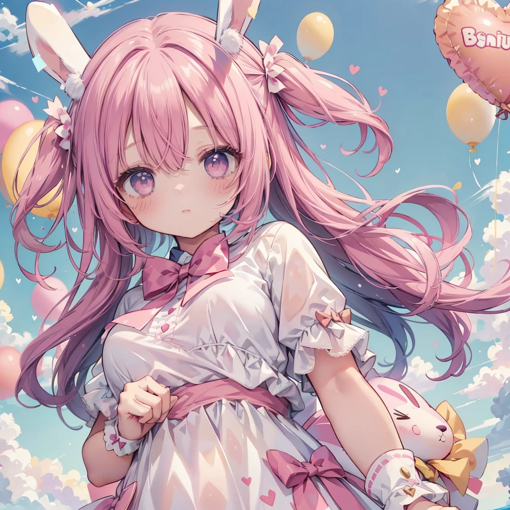 1 person、The best composition、💛、🎀、girl、cute、小さなウサギのgirl、Bunny ears、Color Palette(Magenta、white、)、The background is a heart-shaped balloon and blue sky、Fantasy、Candy Country、Clean detailed eyes、