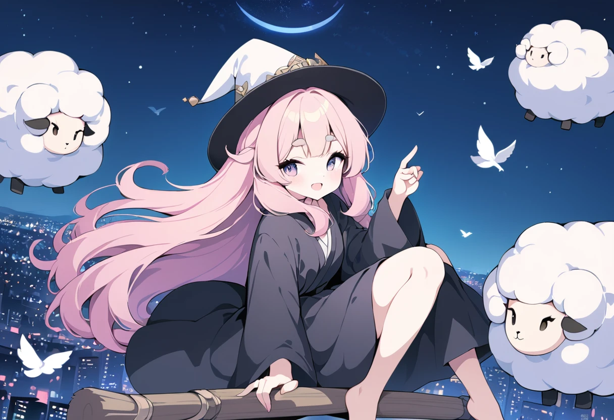 (((Highest quality, 8k, masterpiece: 1.3)), ((One Woman)), Pink long hair, Fluffy hair, Thick eyebrows, Pointed hat, Black Robe, Pointy toes, Flying in the sky on a broom, Flying Sheep, Graphic Arts, (Pop Background), (Night Sky), Overlooking the city