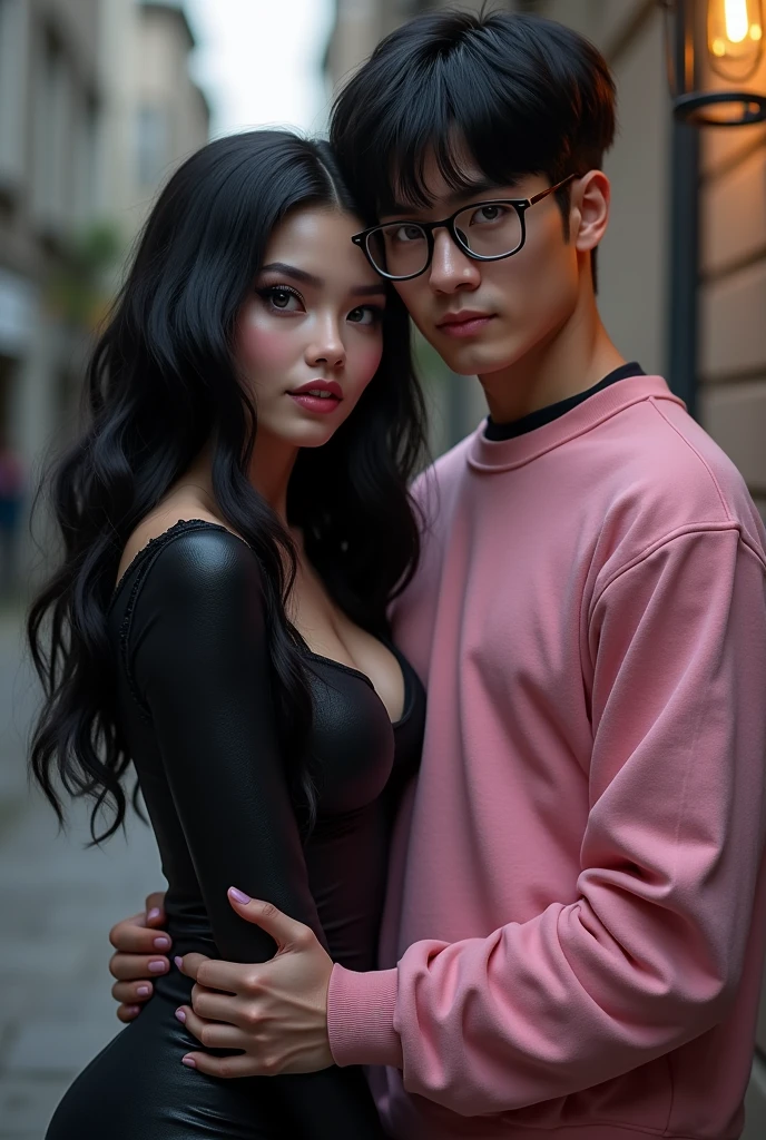 Couple, She is gothic with a curvy body, big cheeks, big butt, black hair with blue and big brown eyes, clear skin, He has straight hair combed upwards and small rectangular glasses and a wide nose and a pink sweatshirt and black pants.