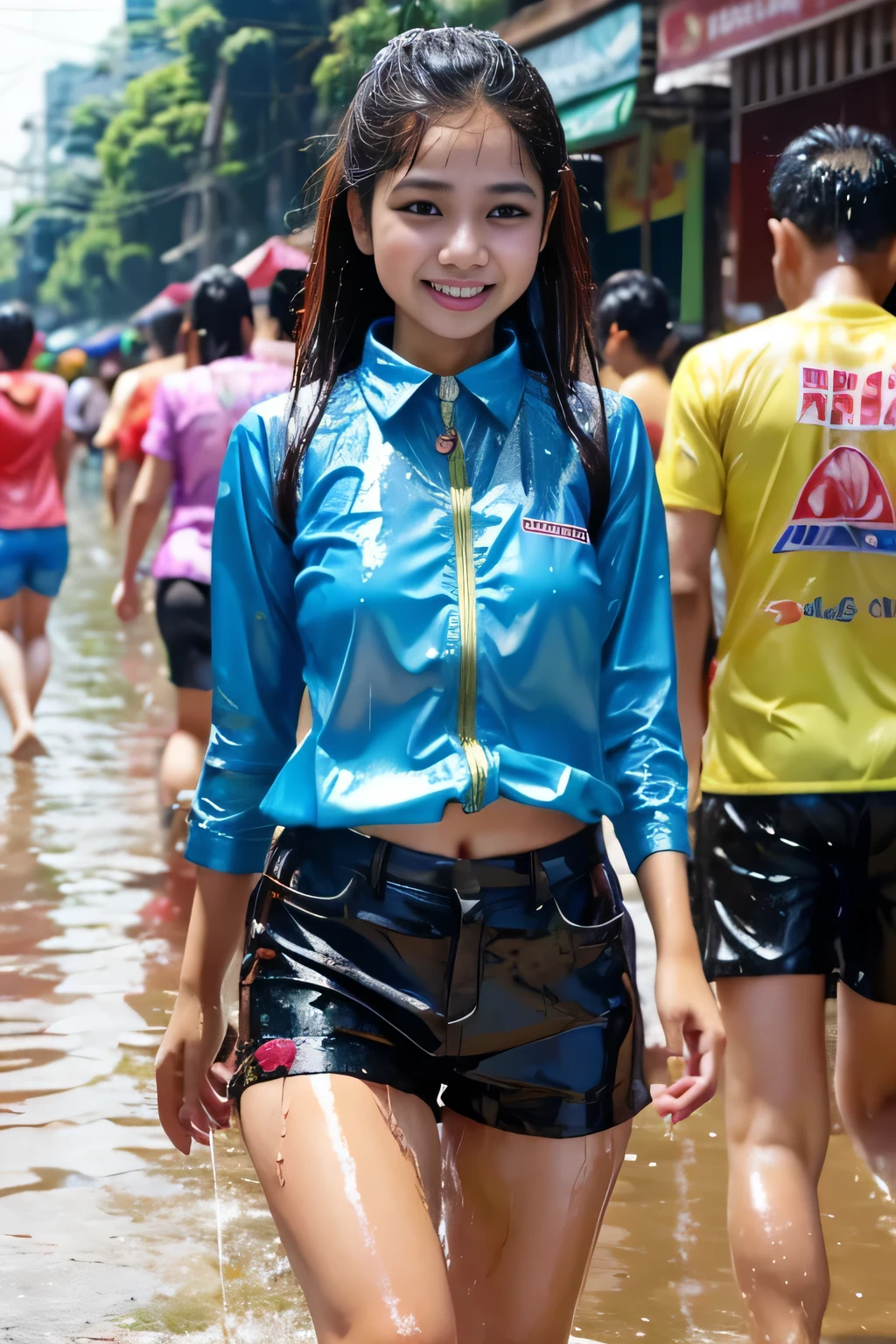 Songkran Festival, Wet Street , A young girl named Soaked, Soaked, Dripping, Wet clothes, Moist skin, Wet hair, 8k, masterpiece, Reality, beautiful, Happy