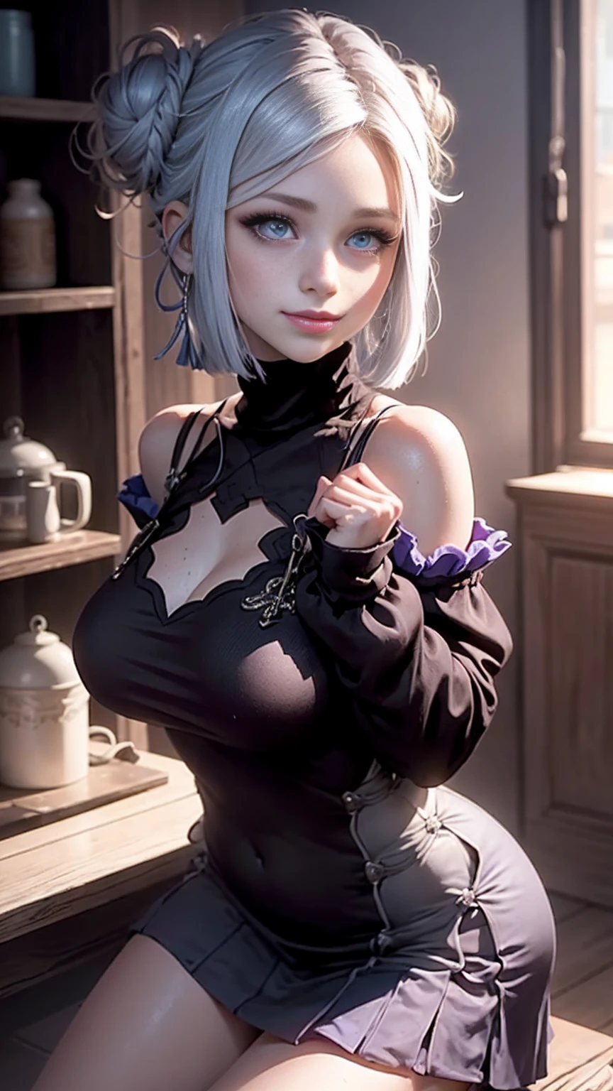 ((((masterpiece, best quality, high resolution)))), (1girl:1.5), ((short silky hair, white hair, purple eyes)), (big breasts:1.2), blush, (smile, parted lips), glow, thighs, bare shoulders, collarbone, narrow waist, (slender body figure), (beautiful detailed face, beautiful detailed eyes), ((silk nightgown, thin material)), looking at viewer, nighttime, bedroom