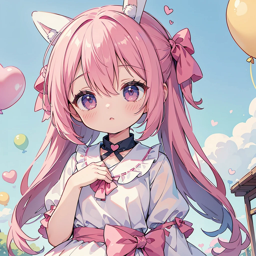 1 person、The best composition、💛、🎀、girl、cute、小さなウサギのgirl、Bunny ears、Color Palette(Magenta、white、)、The background is a heart-shaped balloon and blue sky、Fantasy、Candy Country、Clean detailed eyes、