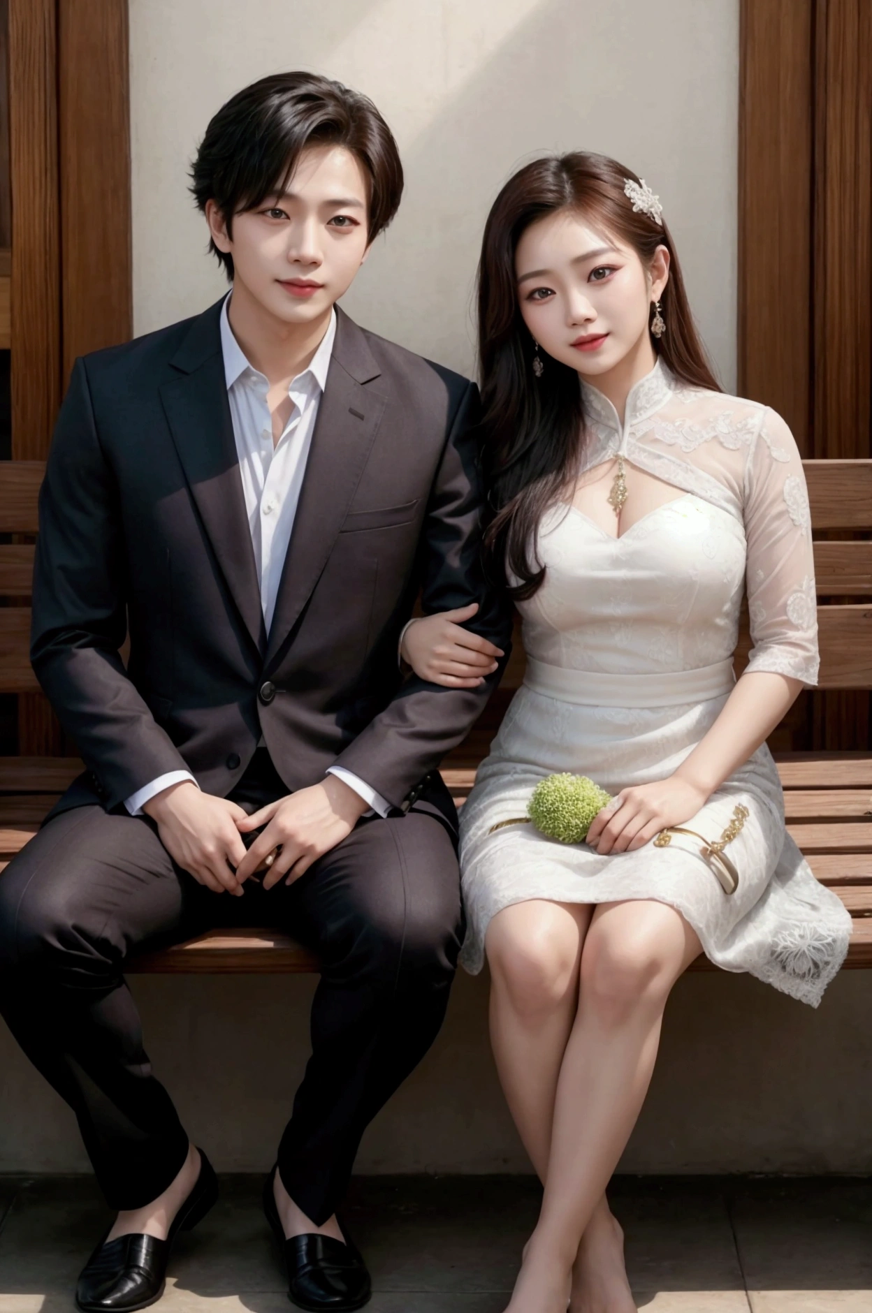 A man and girl,primitive, Masterpiece, ultra fine photos, Best quality, Ultra-high resolution, Realistic, Sunny, full-body portraits, Amazing man, Dynamic posture, exquisite face, Vibrant eyes, Very detailed background, Detailed face, detailed tidy background, Gorgeous, High detail skin, Realistic skin details, Visible pores, Clear focus, volume fog, 8K UHD, Digital SLR, High quality, filmgrain, Fair skin, Realism,(((Handsome man and beautiful girl:1.4)))