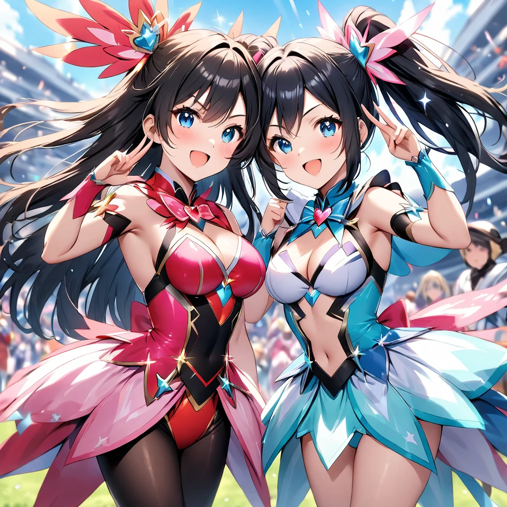 At an outdoor cosplay event, two mature women with black hair, dressed in vibrant magical girl costumes, strike heroic poses for the camera. The crowd in the background adds to the lively atmosphere, while their detailed outfits sparkle in the sunlight.