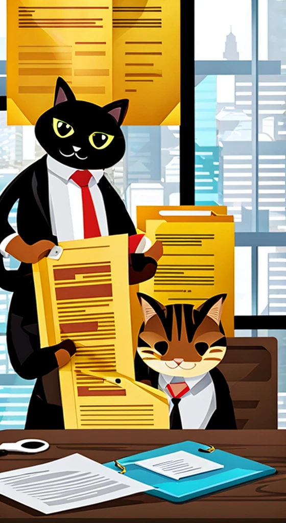 A cat wearing a suit and thinking in front of documents in an office。Illustrated style