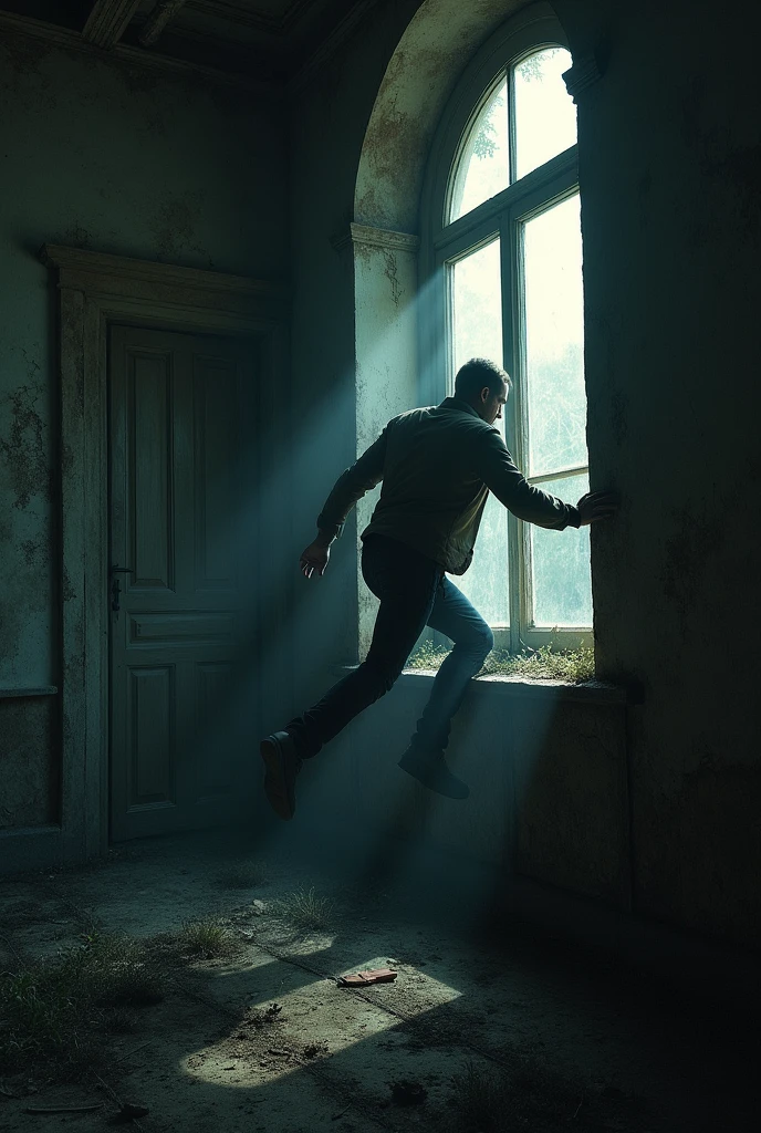 abandoned mansion, first person perspective, only an arm appears opening a door using keys, When you open it, you have a view of the city right in front of you