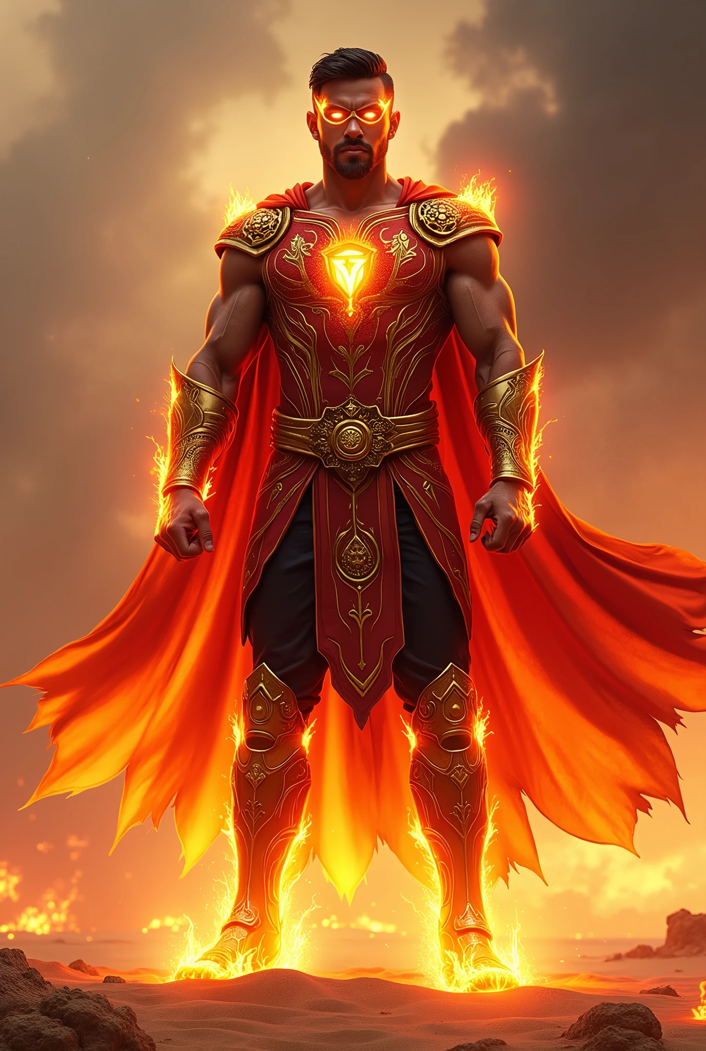 A male human figure who personifying the tarot of The Sun, dressed in orange, gold yellow, rich amber and amber rayed red, collecting intelligence, The Lord of the Fire of the World, Sun, Caza art, digital art
