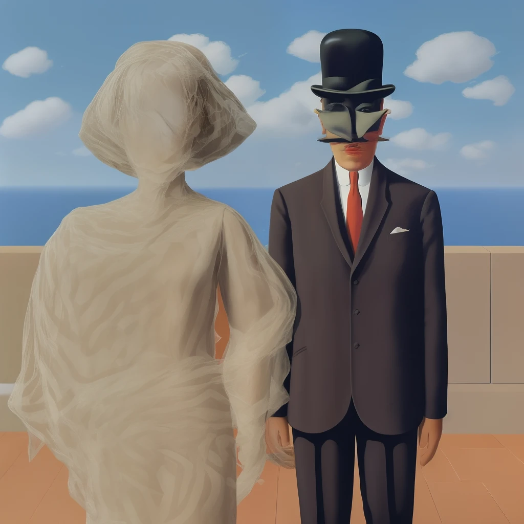 The style of René Magritte、Bowler hat gentleman and Barbie doll