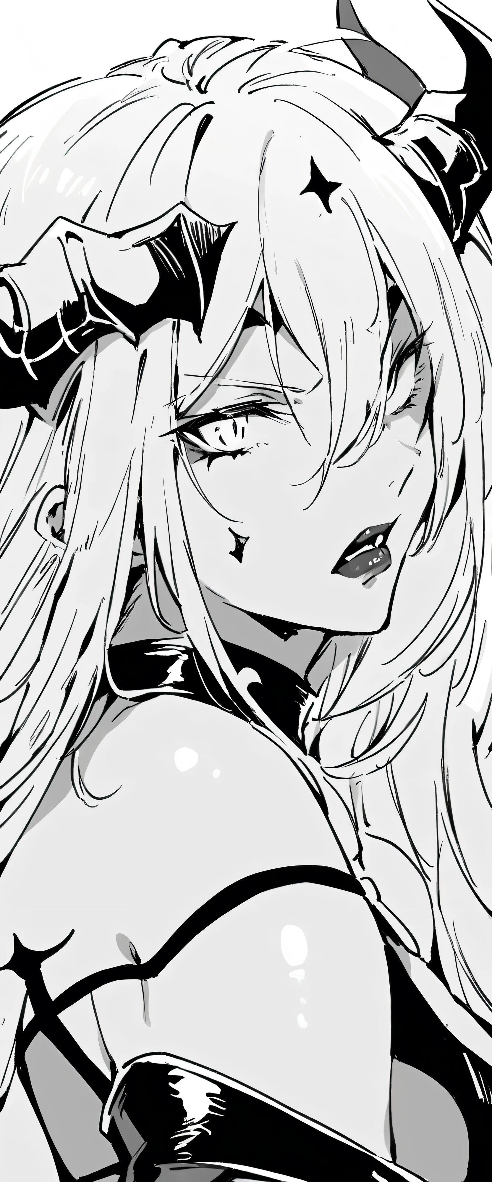 DEMON QUEEN with horns, sexy, looking at straight, black and white manga image to.