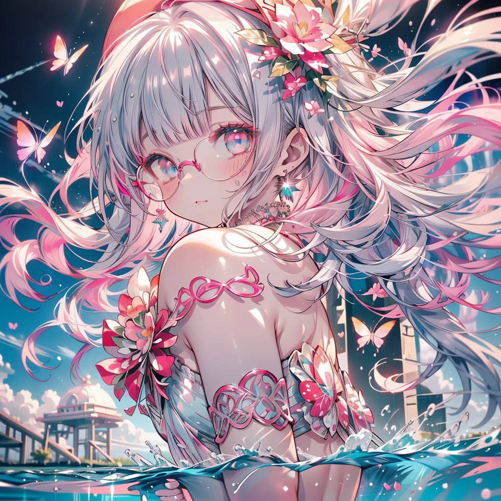 looking back at the viewer,sexy butts focus,
low angle,from below,((elegant pink baseball cap)),
(wearing elegant red round frame glasses,circle frame),((white and red sexy elegant cute string tied summer bikini)),(beautiful pink and green butterflies and fish all over the place),colorful fish,flowers,fantasy beams and lights,
((masterpiece:1.4, best quality)), ((masterpiece, best quality)),((beautiful twin tail silver pink hair,blunt bangs,beautiful cobalt blue eyes,little cute   girl)),full body, bathing in the water,(beautiful emerald green beach,waves),(water splash,lovely laugh), (pink Lace chalker, red wristband, diamond necklace,earrings),cinematic lighting and pause,beautiful natural mysterious beach,night sky,full moon,(beautiful pink and red butterflies and fish all over the place),
