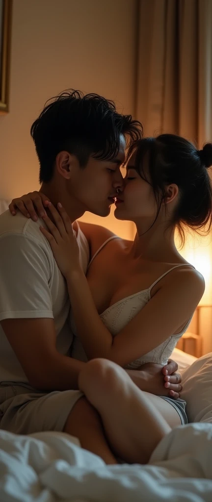 A beautiful Korean woman is having sex with a handsome Korean man while licking his penis