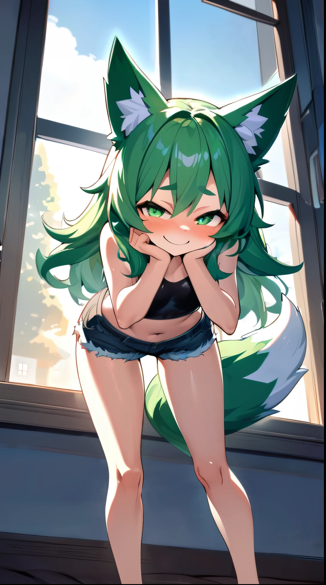 (fluffy anthro furry :1.6),(young :1.6),mint fox girl,mint long hair,wavy hair,pubic fur,neck fur,green fur,small breasts,white bikini with pink strip,floral hair ornament,sunbeam,beautiful beach,relax face,open mouth,smile,looking at viewer,sexy pose,full face blush,armpits fur,lying on beach,wingkle eye