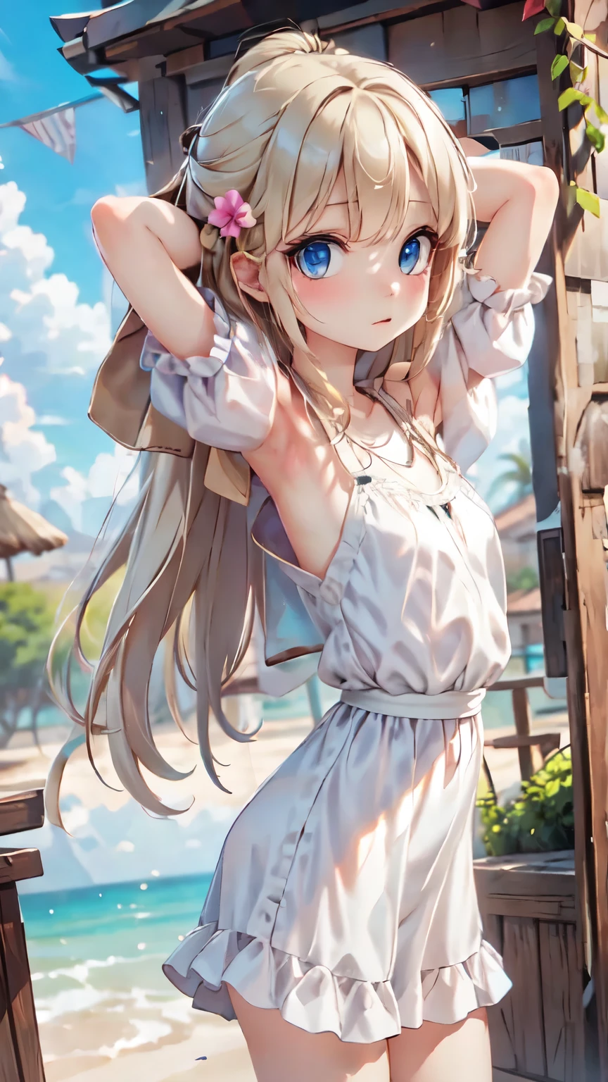 master piece , best quality , detailed , woman , bangs , dresses , standing , hands up , armpit , (from side) , beach, Shiny platinum blonde silk super long straight hair, beautiful shiny bangs, big clear sky blue eyes, very beautiful bright eye highlights, Embarrassing, Blushing
