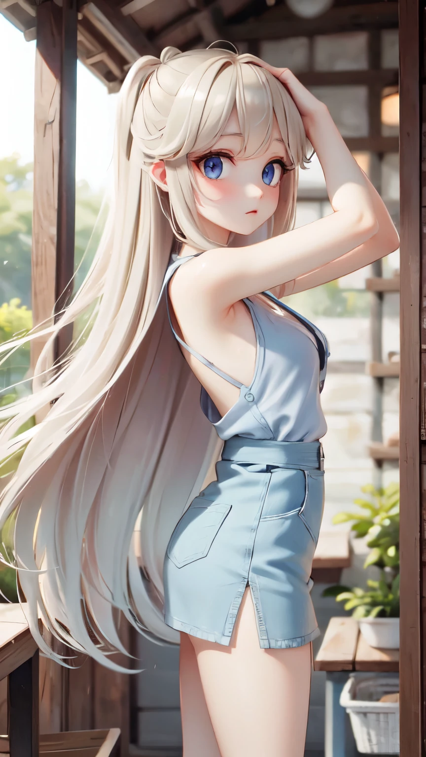 master piece , best quality , detailed , woman , bangs , dresses , standing , hands up , armpit , (from side) , beach, Shiny platinum blonde silk super long straight hair, beautiful shiny bangs, big clear sky blue eyes, very beautiful bright eye highlights, Embarrassing, Blushing