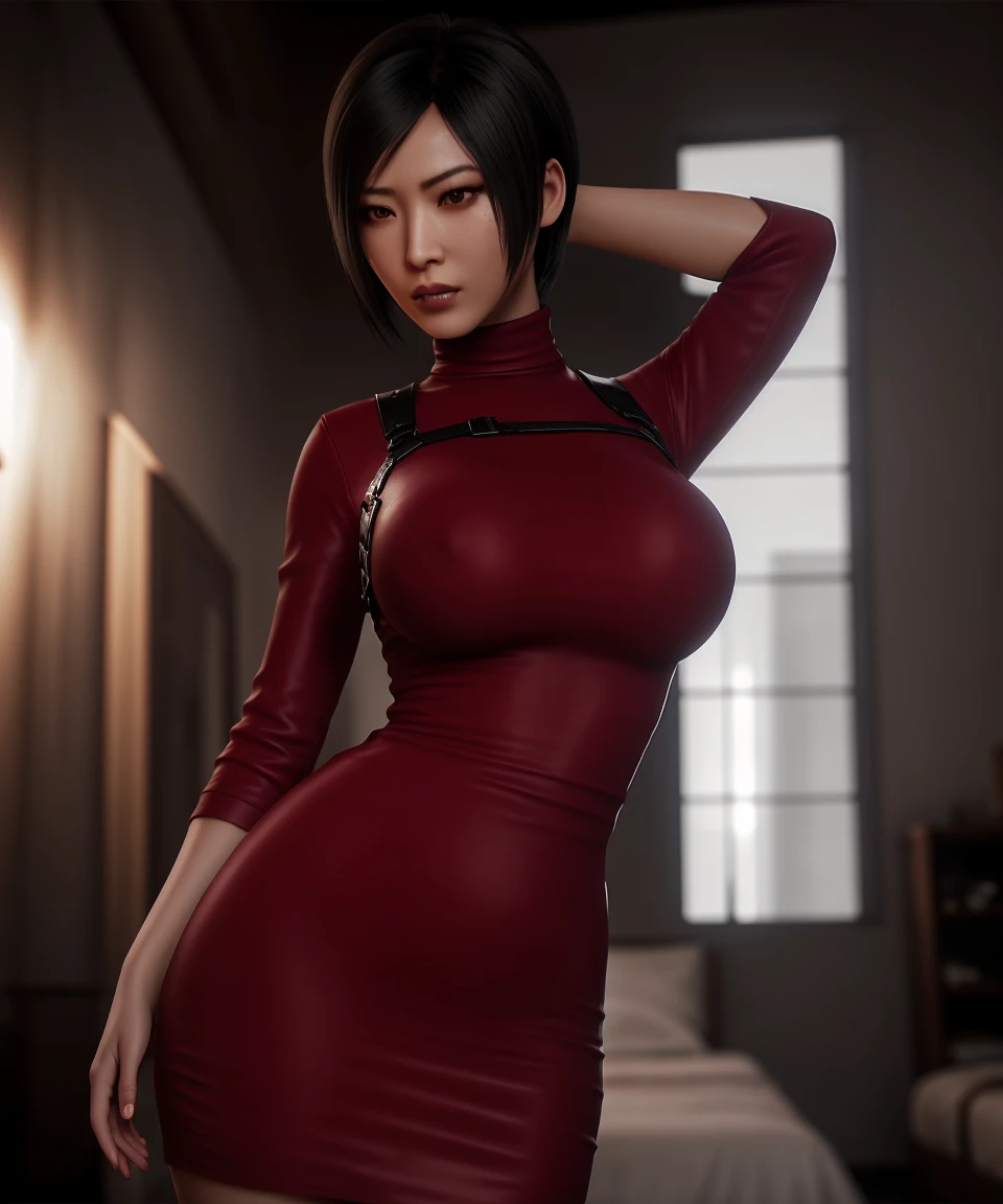 a woman, ada wong, in red dress, apocalypse, trending on artstation Unreal engine, Octane render, Photorealistic, Hyperrealistic, Sharp focus, (Horror), dark, creepy, bloody, scary, big breasts, room, bed, armpits, sweaty armpits, hand on hip