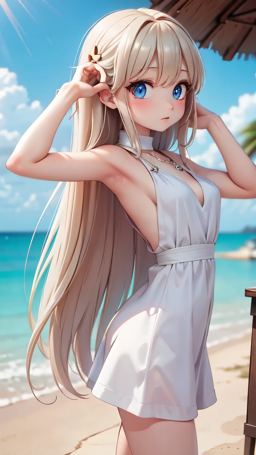 master piece , best quality , detailed , woman , bangs , dresses , standing , hands up , armpit , (from side) , beach, Shiny platinum blonde silk super long straight hair, beautiful shiny bangs, big clear sky blue eyes, very beautiful bright eye highlights, Embarrassing, Blushing