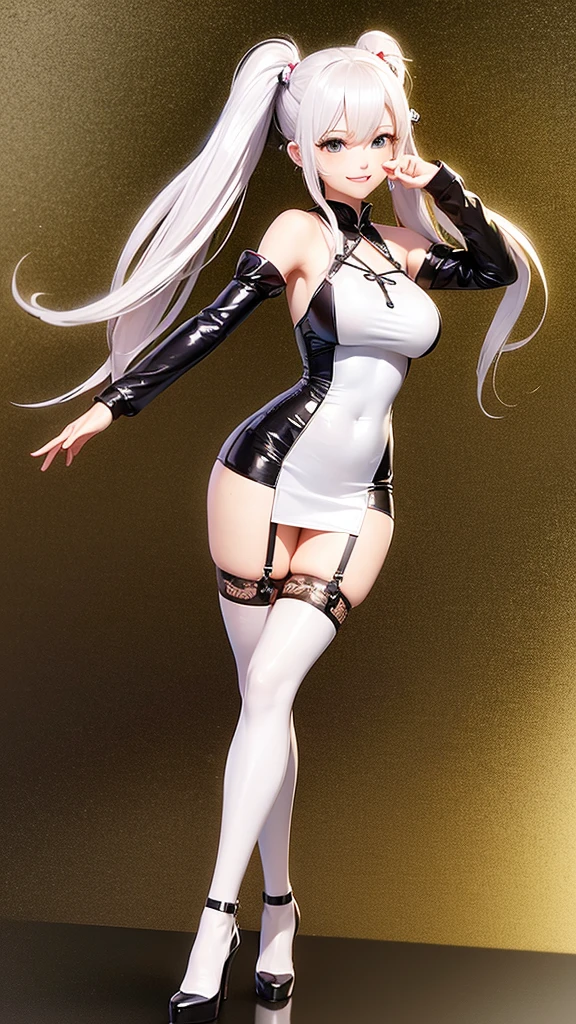 A closeup of a woman in a latex outfit posing,  - garota com silver hair, 8k 3D rendering character art, beautiful indian brunette girl , com White hair, April rendering, divine rendering,(black bodysuit with short skirt over top),(white leggings),(ballet slipper),(dark skin indian girl),a black bodysuit with a very short skirt over the bodysuit ,(Ballet costumes),(body e saia curta) a ballet skirt over the bob,(body completo)Best quality brown skin, ultra-high resolution, (photorrealistic: 1.4), work of art, 1womanl, Indiana thick-thighs, (sal aegyo: 1.0), Swollen Eyes, (City of ruins), Alice eu (TO WAVE\), (black body), (Glossy clothing), twintails, (full bodysuit Latex clothing), (short skirt over the body),(rubber clothing), shoe, (neckleace). (苗条),(White hair),(silver hair),(gray hair),((red pupil),(looking at the observer),(ssmile),glad,(long hair),Depth of field, face detailed, thick-thighs, shining skin, beautiful detailed eyes, heavy eye makeup, Waist slender, blush, detailed eye makeup, Perfect Anatomia, (Erosface Pura_v1: 0.1), dark skin checkered chest outfit, luxurious ballet costume ,a miniskirt, very short skirt black panties ,white tights with silver thigh protection, keep the face unchanged