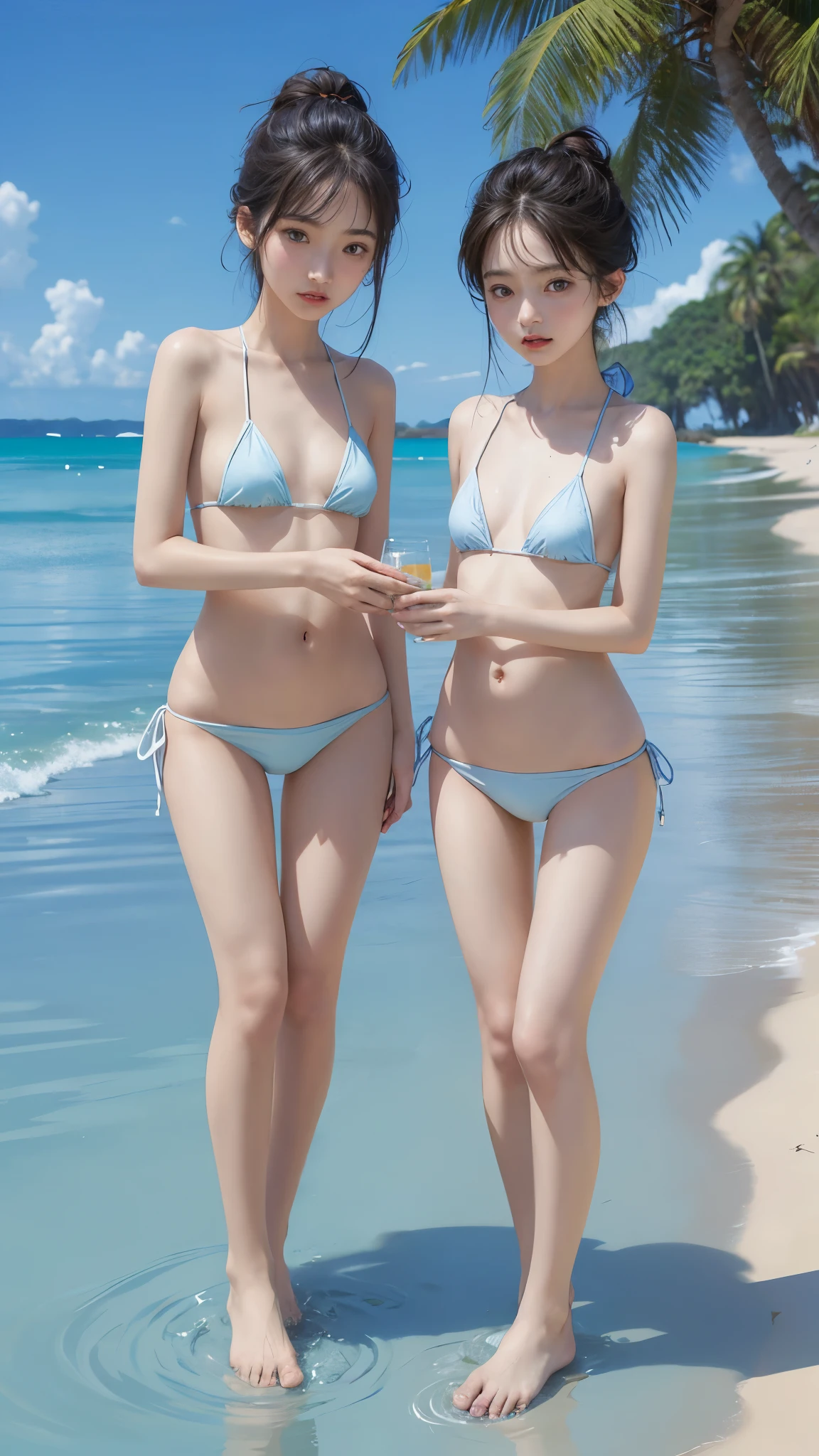 four Japanese girls standing on an iceberg, splayed out legs,(whole body:2),dynamic angle, open arms, double eyelids, large eyes, skillful hands, 4K, mega large breasts, high resolution, masterpiece, top quality, fine skin, sharp focus, collarbone, natural lighting, [:( detailed face: 1.2): 0.2], delicate body, small hips, thin waist, top quality, nose with straight nose, slender, thigh gap, petite figure, (thigh: 0.1) , thin waist, thin lips, beautiful face,wearing floral bikini,  ultra white shiny skin, ocean background,  (very detailed toes: 2), floating ponytail hair, no shoes,