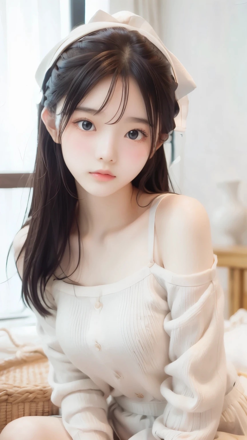 Ultra High Resolution, (Realistic: 1.4), RAW Photo, Best Quality, (Photorealistic), Focus, Soft Light, ((Age15)), ((Japanese)), (Front, Young Face))), (Depth of Field), (One Piece), Masterpiece, (Photoreal), Woman, Bangs, (( off-the-shoulder top, Bedroom, 1 Girl))