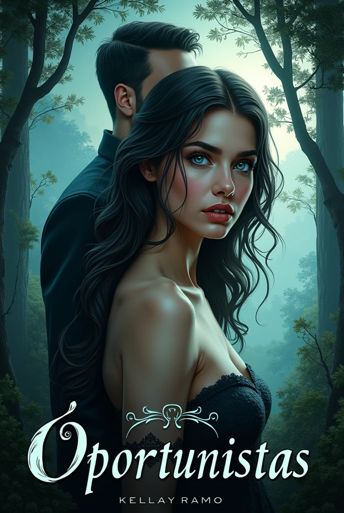 Create a book cover that contains the following elements. In the center a thin woman, white-skinned, long brown wavy hair. Her eyes are blue and very bright. Right in the background we have a tall man, with curly brown hair and tattoos on her arms. I want dark elements on the cover, but highlighting the woman's eyes. The title of the book is "Huntsees" and the cover may contain a mystical air