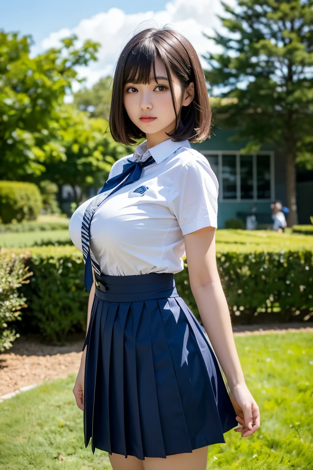 (1 lady), (Best quality at best:1.4), (ultra - detailed), (extremely detailed CG unified 16k), A Beautiful Woman with Perfect Figure: 1.4, Sharp Focus: 1.2, very detailed, High-definition RAW color photo, professional photoshooting, amazing face and eyes, cosmetics, (amazingly beautiful girl), ((jksatoko)), ((scho0l uniform, blue pleated skirt, white shirt, gray blazer, black pantyhose)), standing, sexyposture，outside oriental temple, tree, nature, (look from down), realistic cinematic face, head to feet long wide zoomed out view, full body long view, photorealistic, ((realistic natural blonde hair style, violet eyes, pure golden blonde yellow hair)), gorgeous, extremely beautiful face, perfect model beauty, pout mouth, Highly Detailed Face and Skin Texture, Detailed Eyes, Double Eyelids, Medium Breasts, Smile, flirting smile, laughing hard, cleavages, western, (masterpiece), best quality, high resolution, extremely detailed, blurred background, depth of field, cinematic lighting, amazing legs, high heels, clear and well-cared skin,