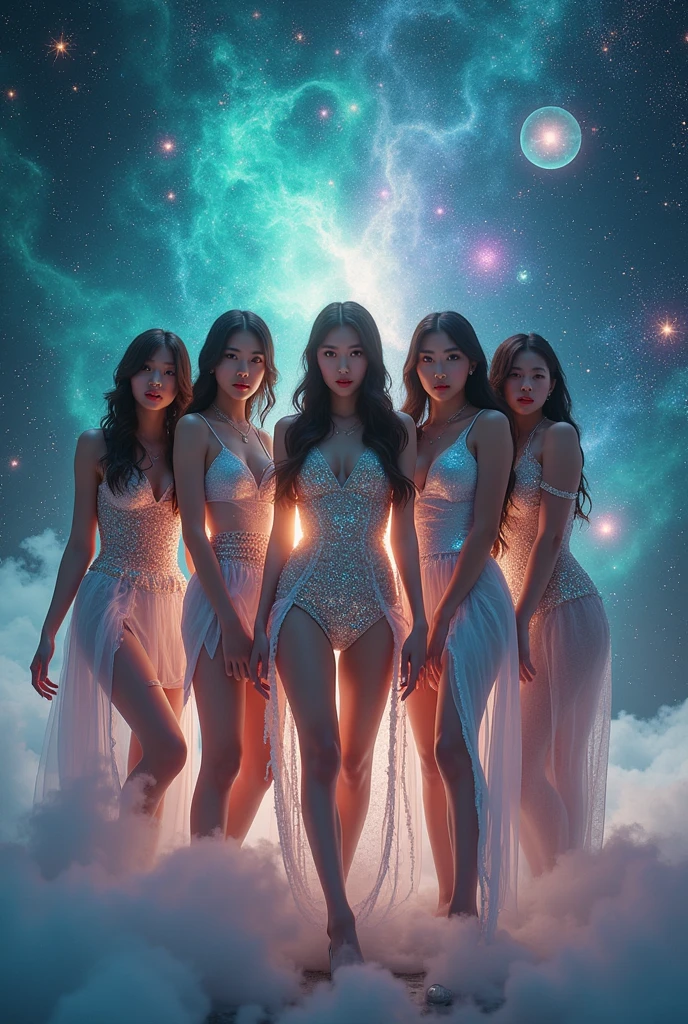 I'm taking photos for a new concept album. Create a concept photo of a girl group posing next to giant crystals